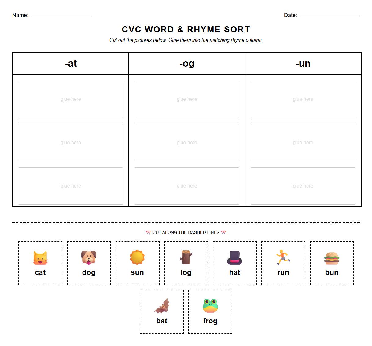 CVC Word and Rhyme Sorting Activity Sheet