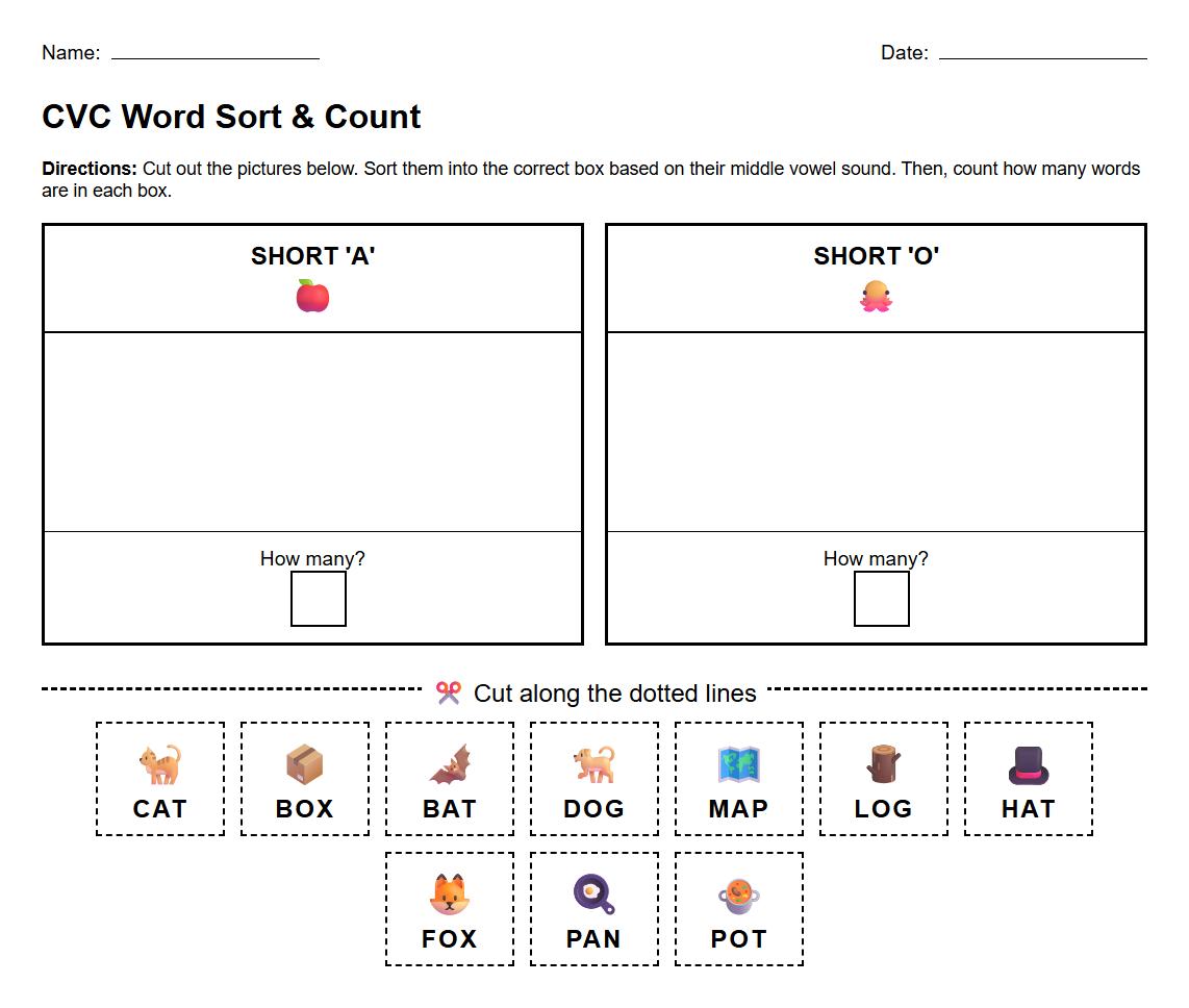 CVC Word Sorting Exercise