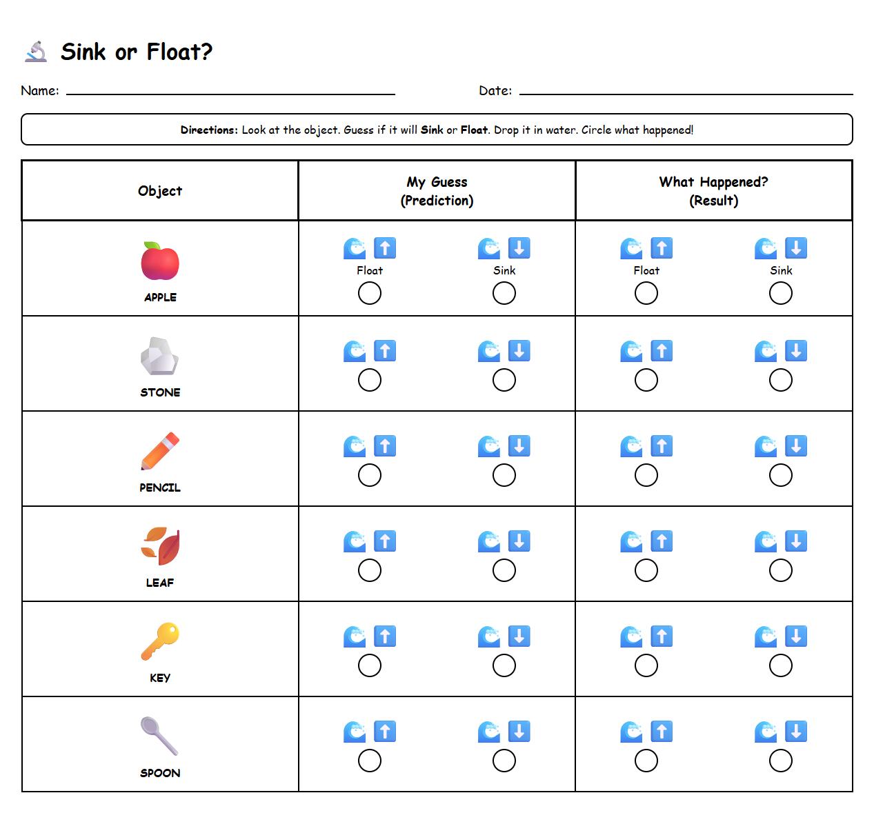 Data Recording Sheet for Buoyancy Experimentation