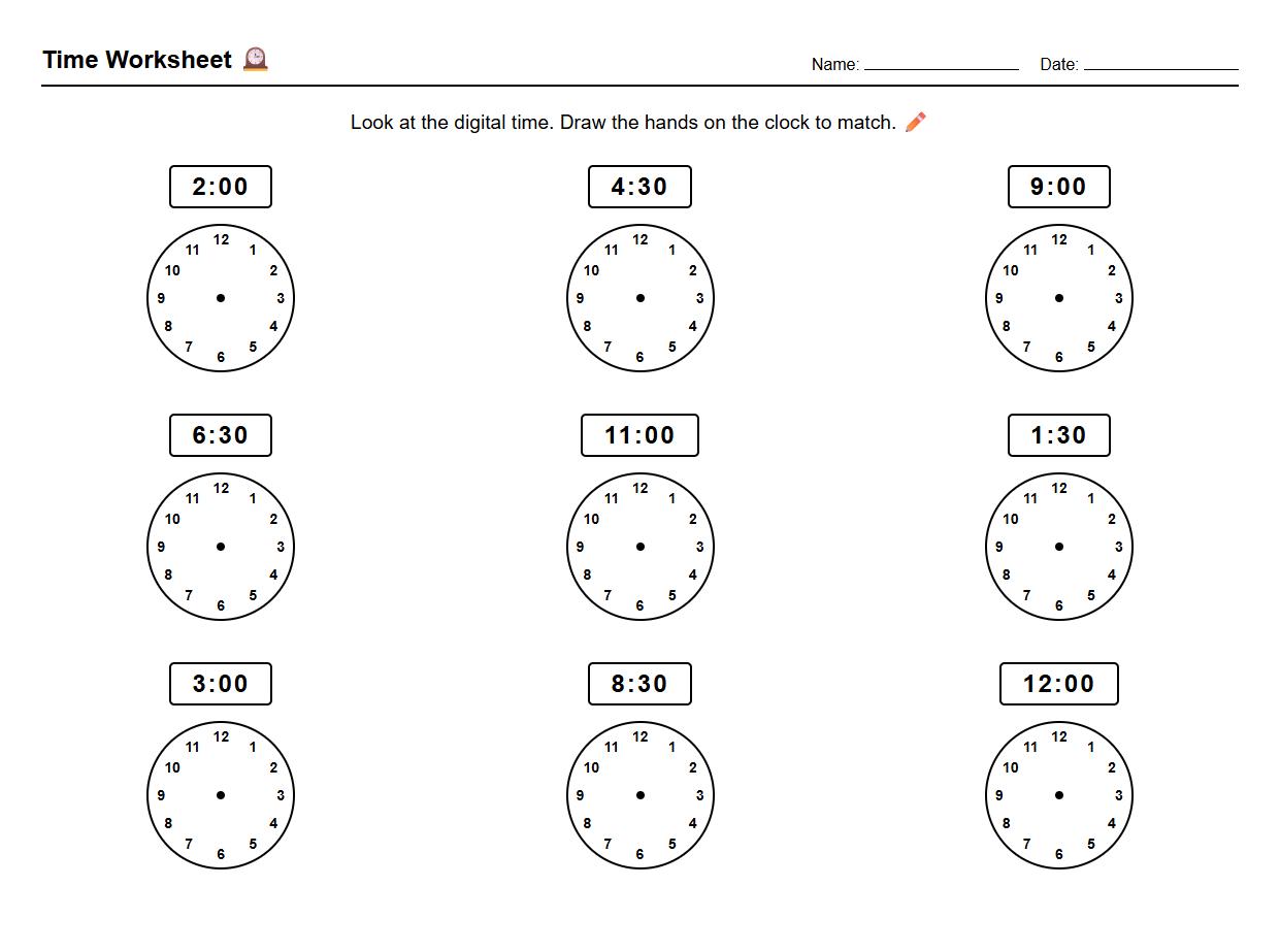 Digital to Analog Time Conversion Worksheet