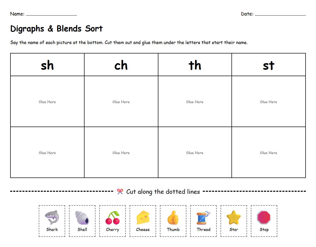 Digraphs and Blends Interactive Cut Out Worksheet