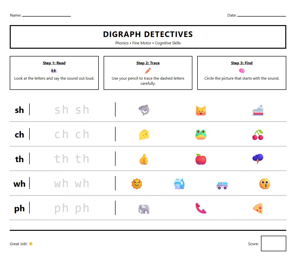 Digraphs Phonics Worksheet with Sequential Instructions