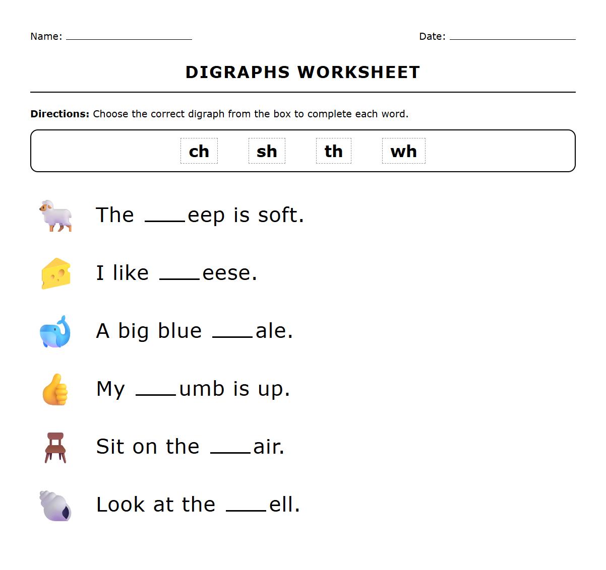 Digraphs Sentence Completion Worksheet