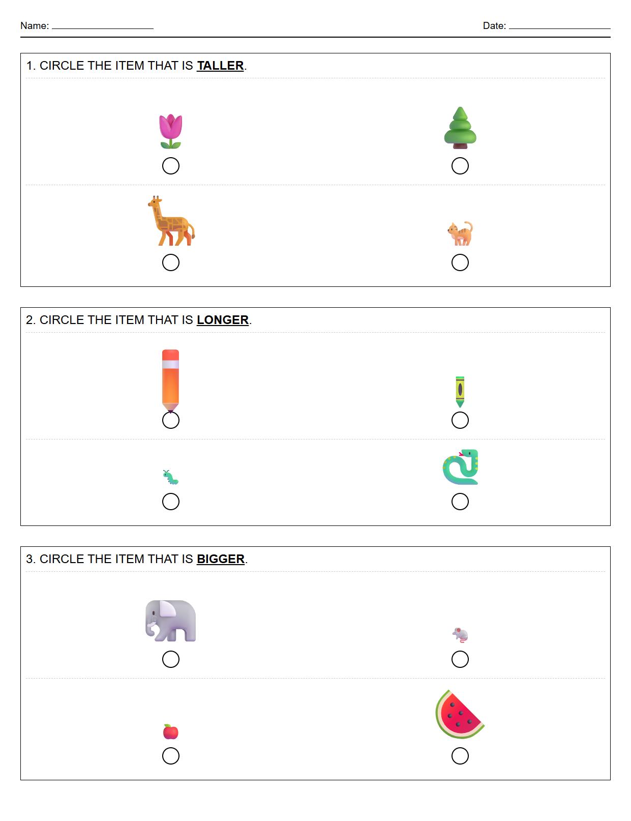 Direct comparison worksheet measuring two items side by side