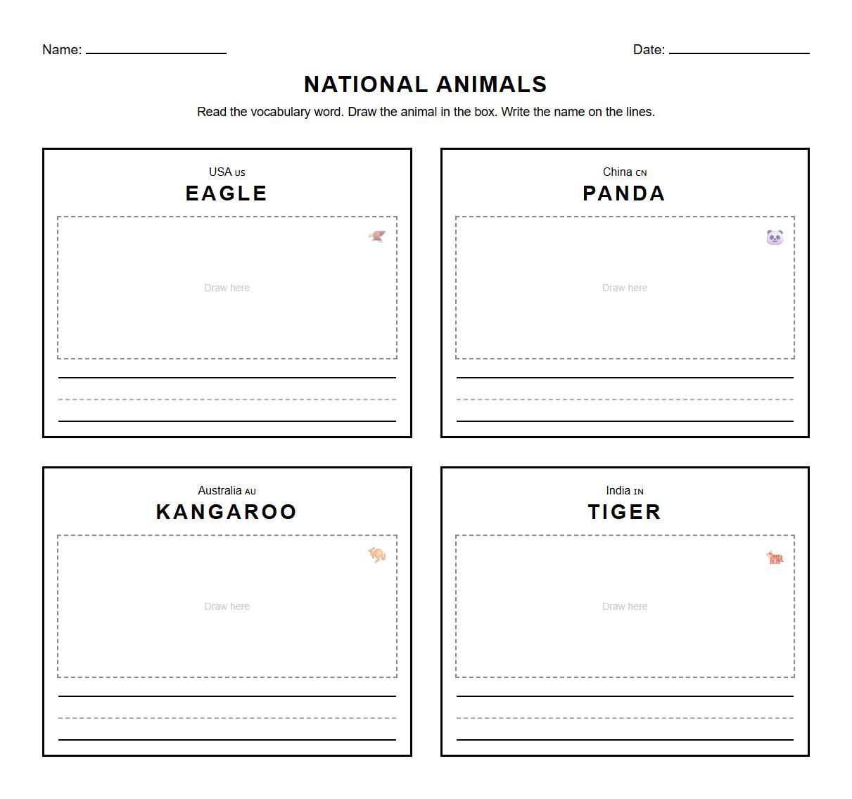 Draw and Label National Animals Vocabulary Worksheet
