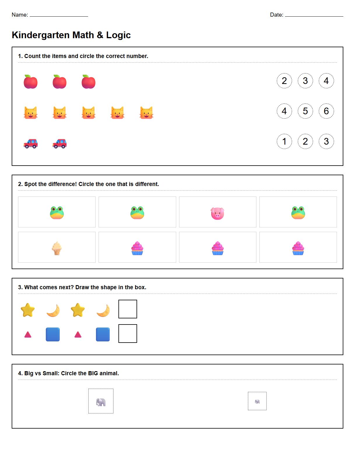 Early Math Concepts Spot the Difference Activity