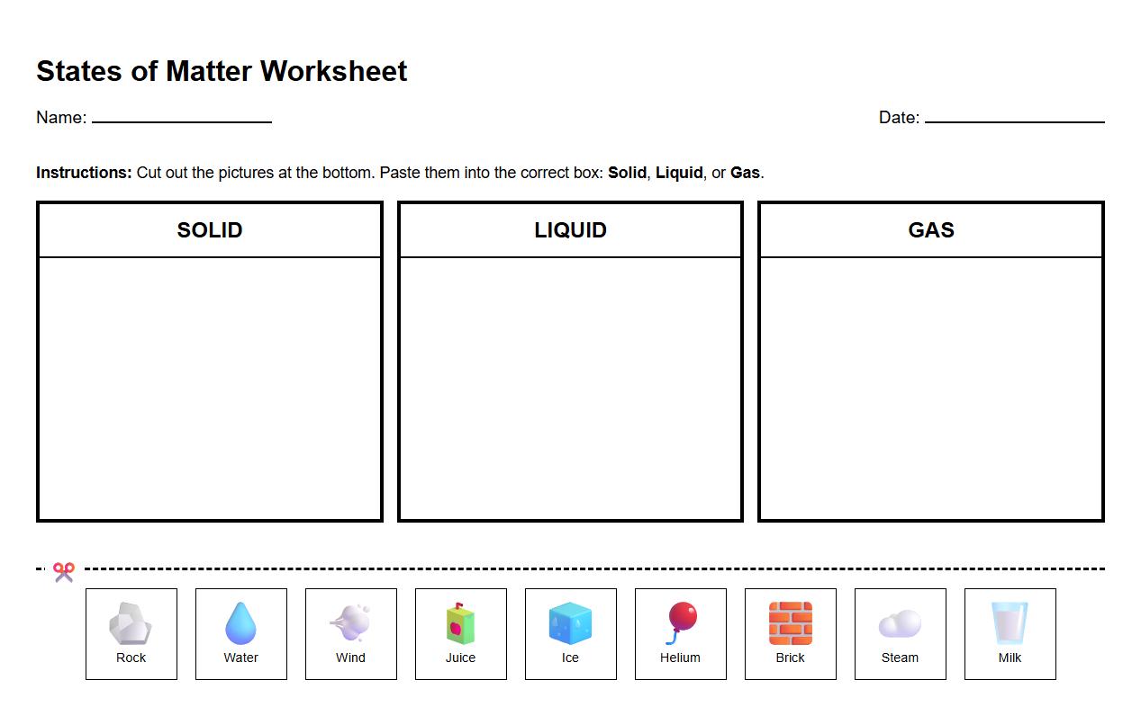 Early Science Categorization Worksheet on States of Matter