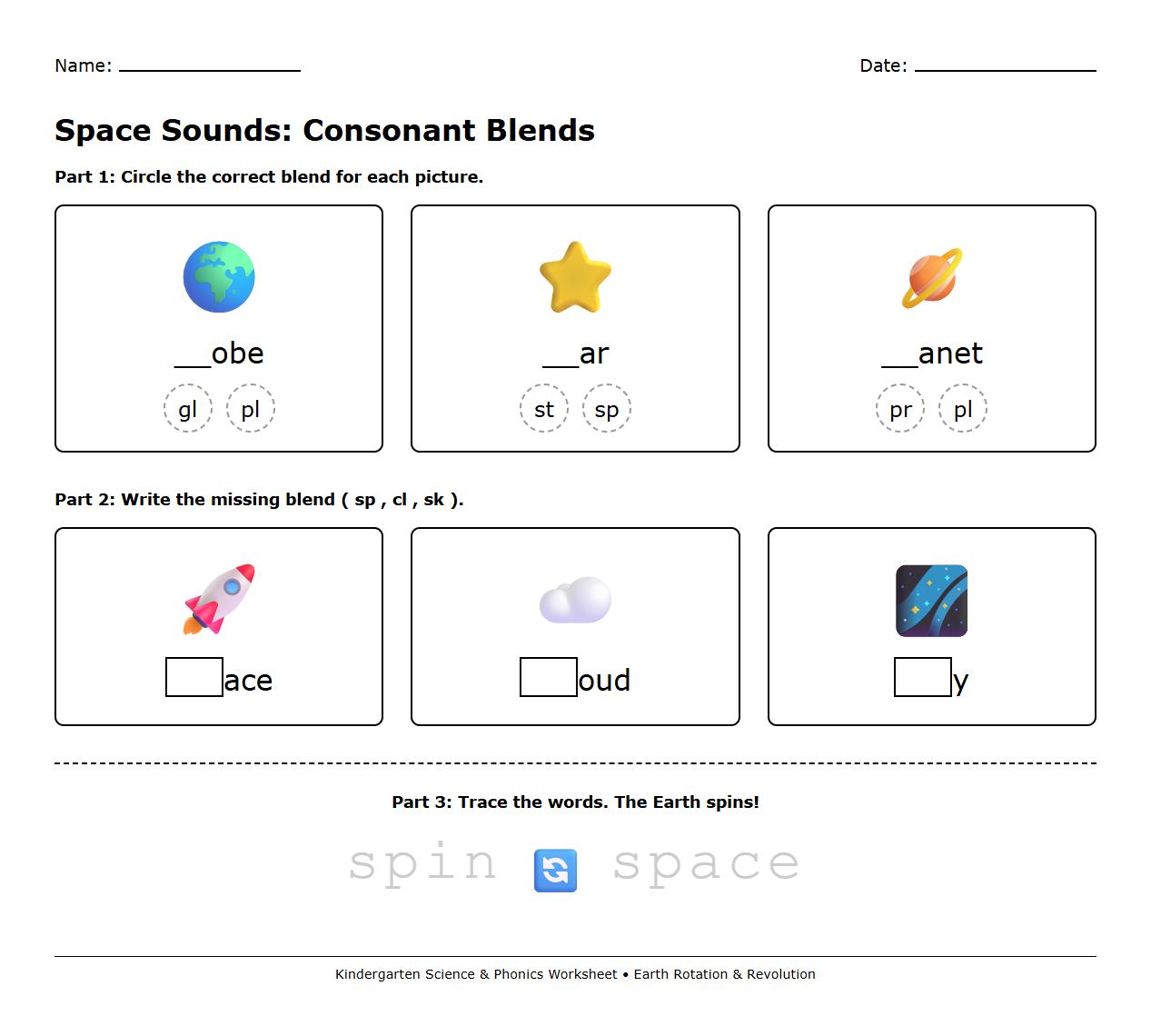 Earth Rotation and Revolution Consonant Blend Practice Sheet