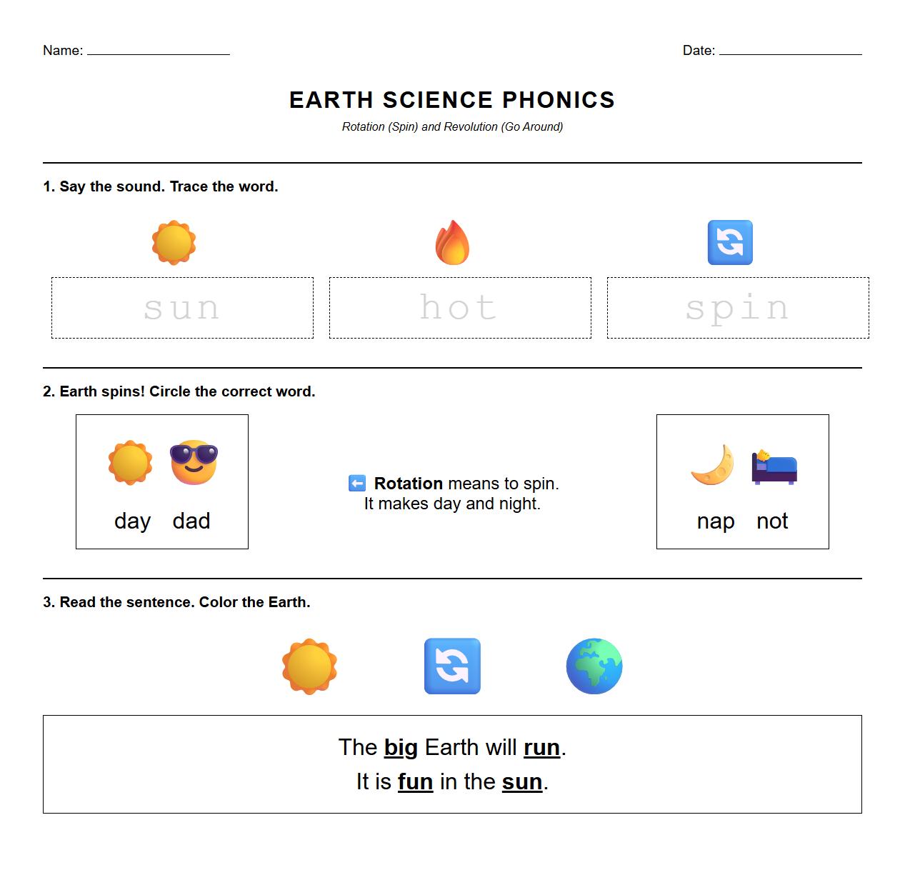Earth Rotation and Revolution Decodable Words Phonics Drill