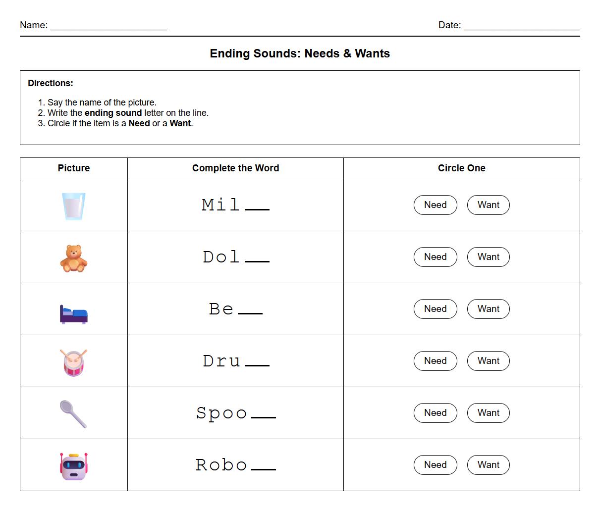 Ending Sound Phonics Needs and Wants Worksheet