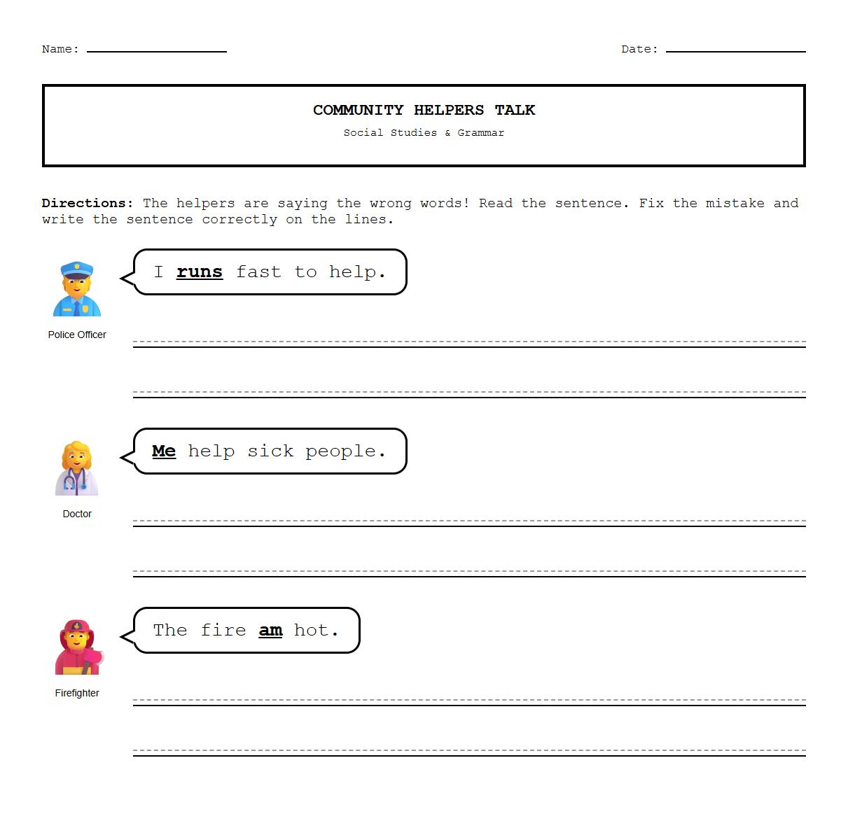 Error Correction in Dialogue Worksheet for Grammar Awareness