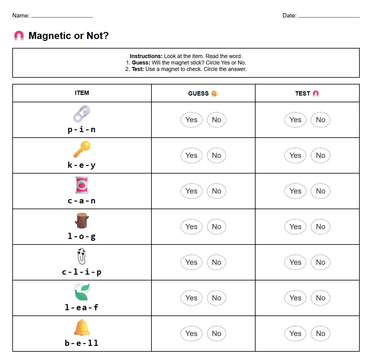 Everyday Magnetic Items Observation Sheet using Phonics Labels