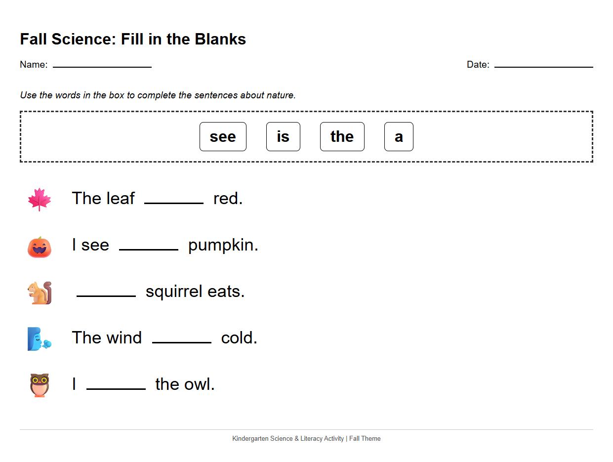 Fall Sight Words Fill in the Blank with Seasonal Context