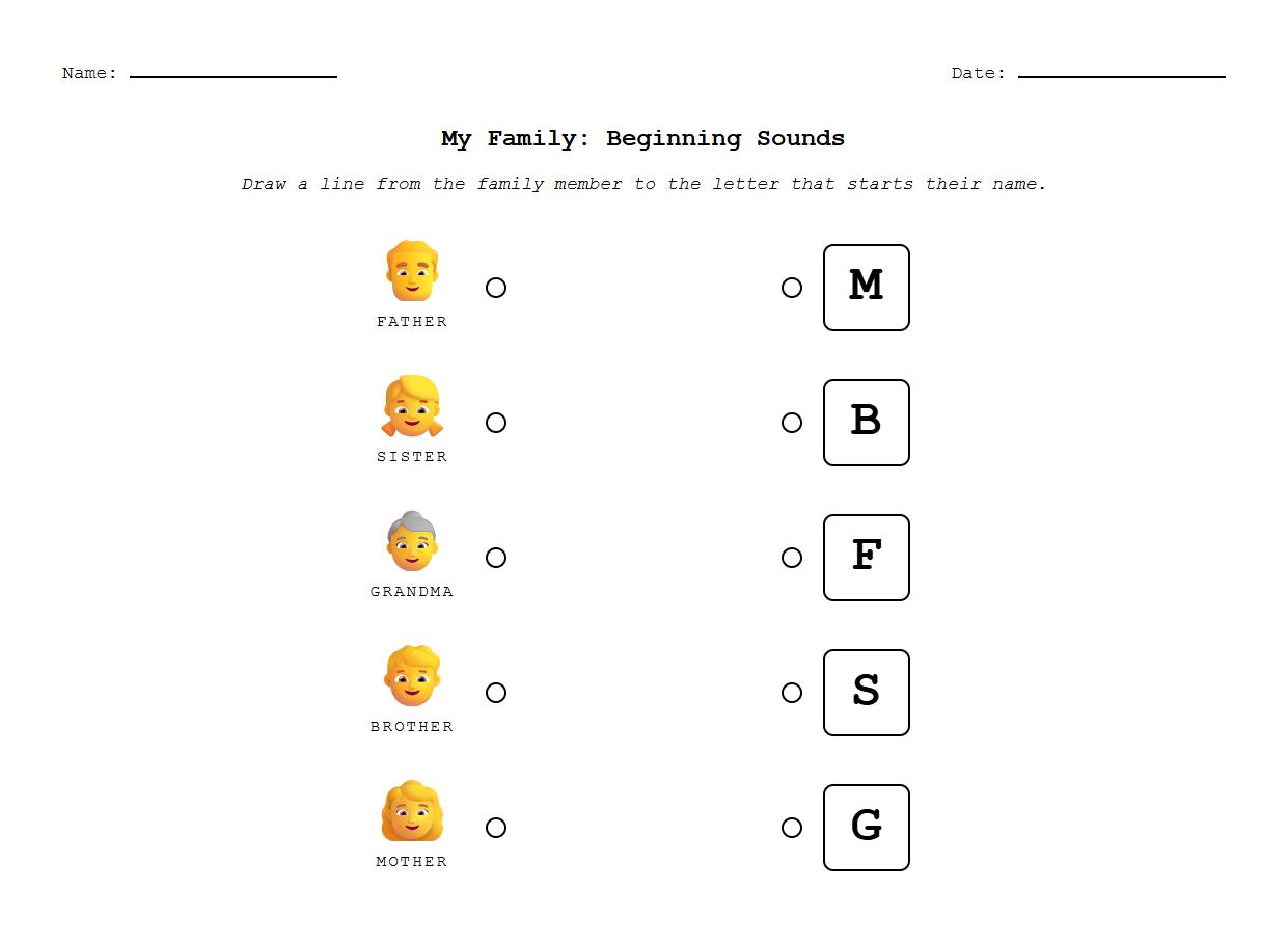 My Family Phonics Matching Beginning Sounds Worksheet