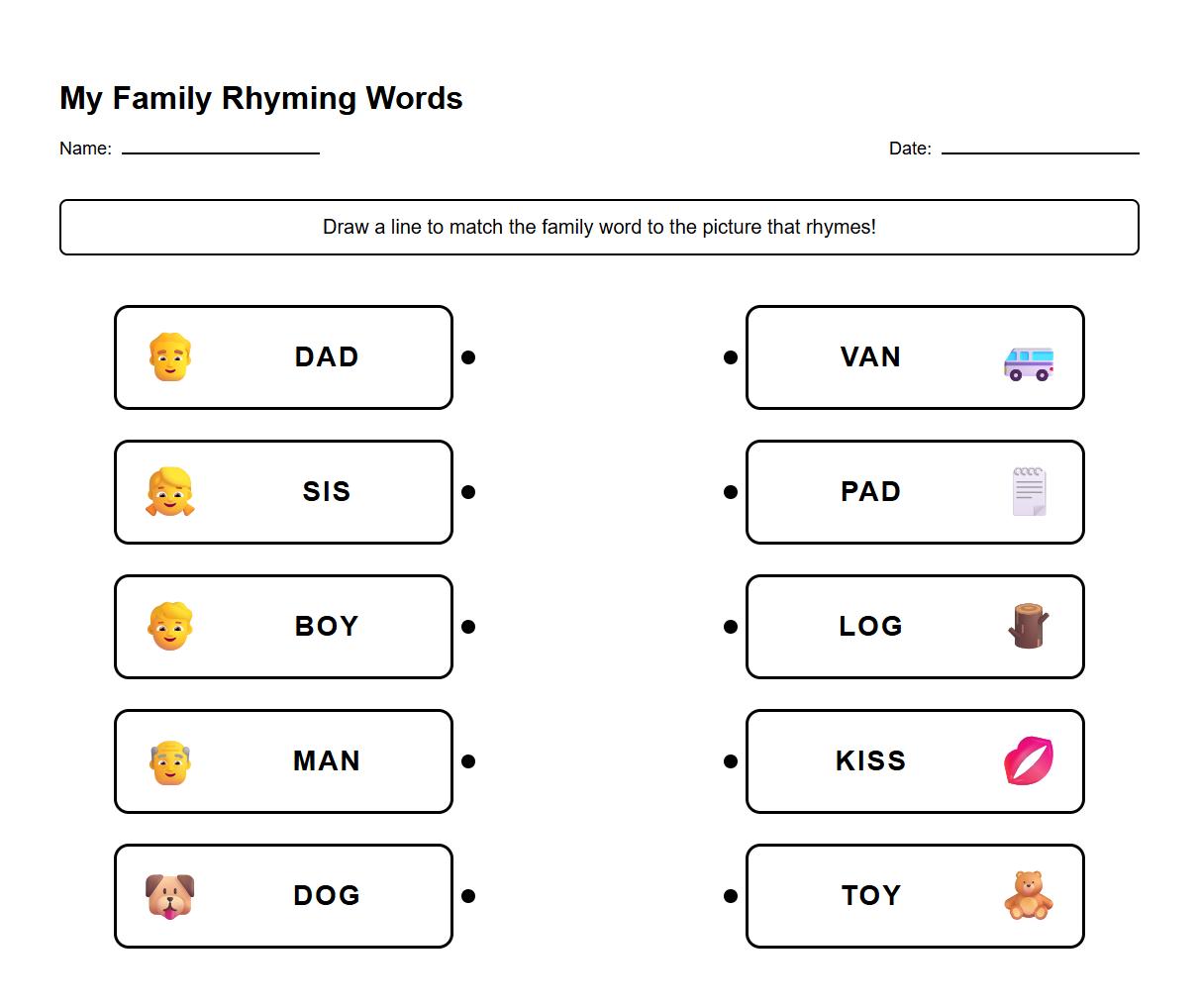 My Family Rhyming Words Phonics Worksheet