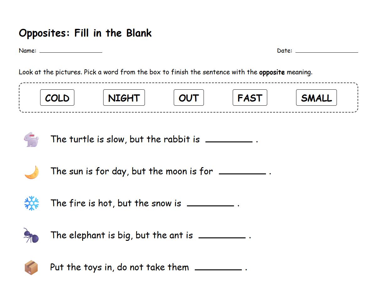 Fill in the Blank Antonym Sentence Worksheet