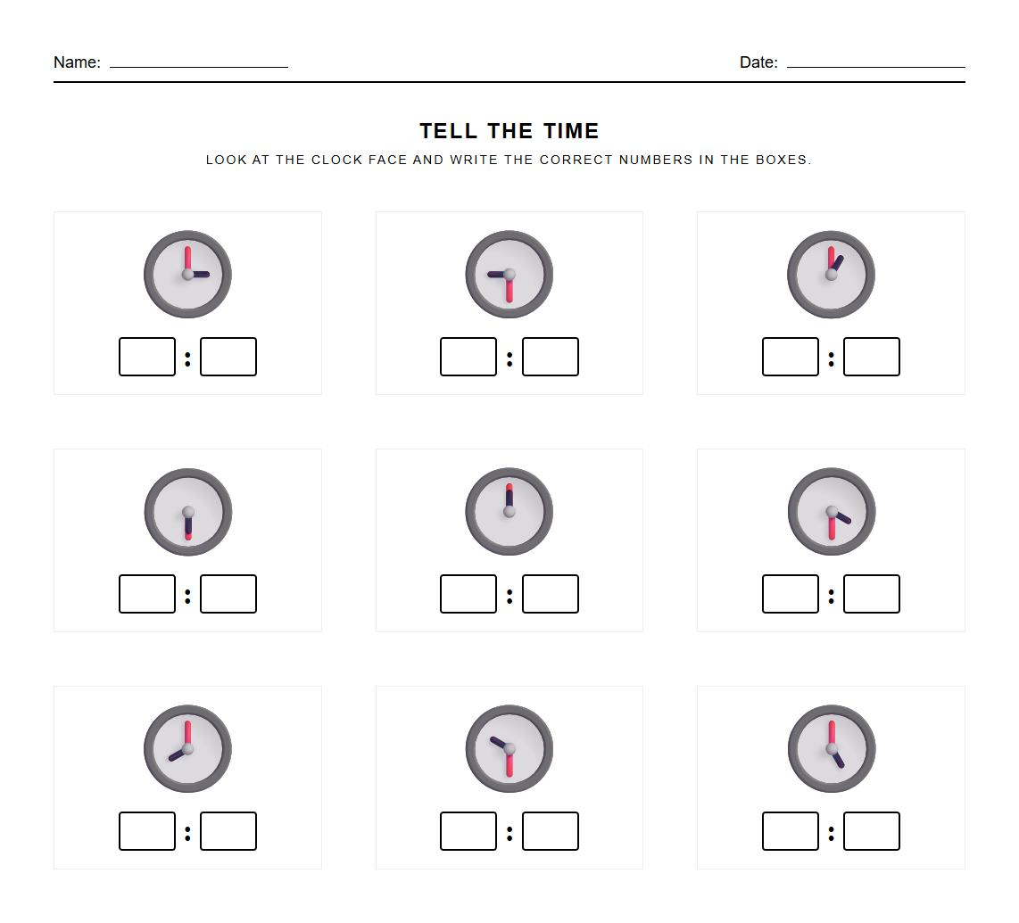 Fill in the Blank Clock Faces with Correct Time