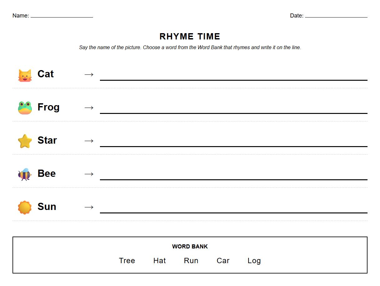 Fill in the Blank Phonemic Awareness Rhyme Sheet