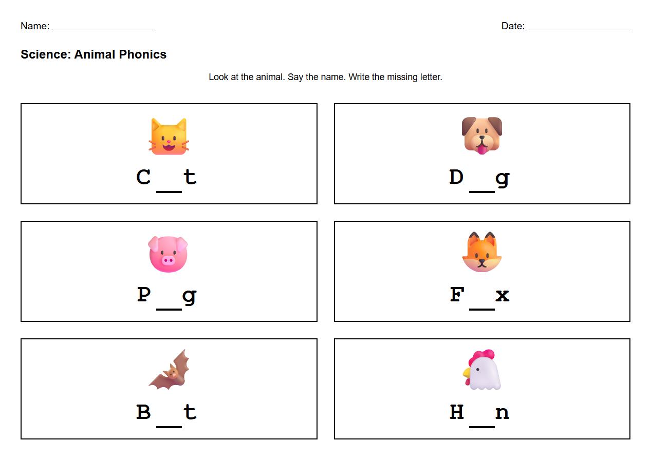 Fill in the Blanks with Animal Names Using Phonics Worksheet