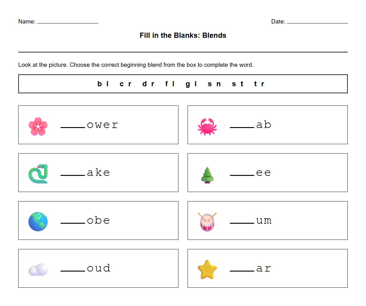 Fill in the Blanks with Blends Literacy Task