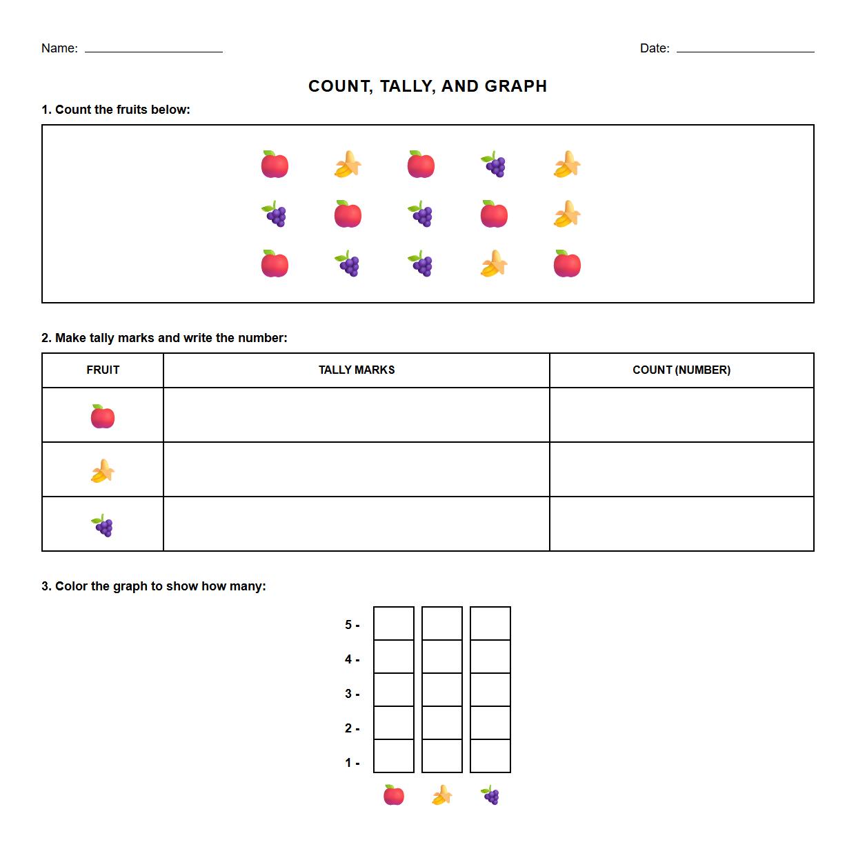Fill in the Blanks with Tally Marks and Bar Graphs Worksheet