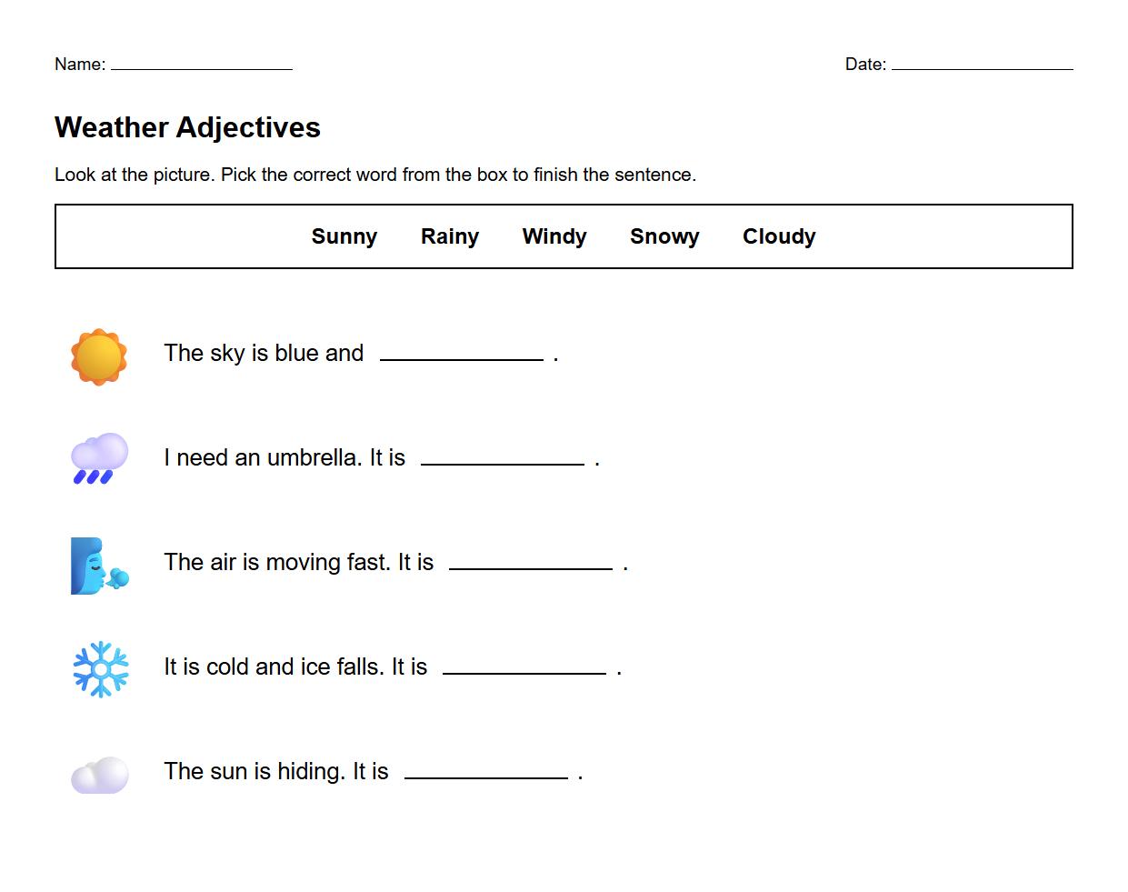 Fill in the Blanks Weather Descriptions using Adjectives