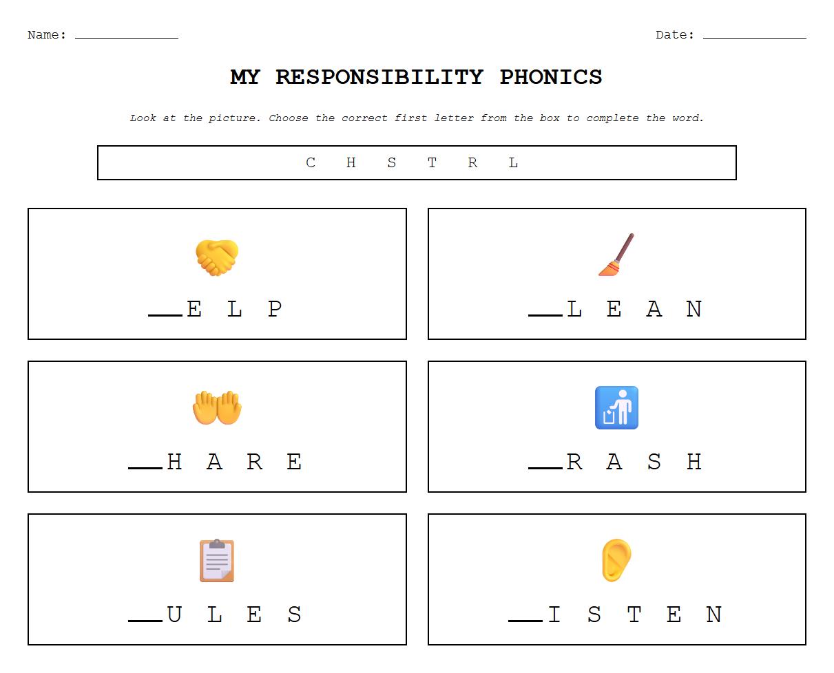 Fill in the Missing Letter with Responsibility Themed Phonics