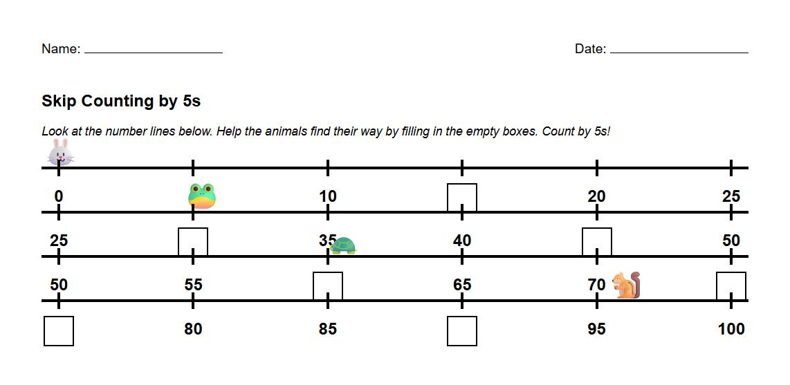 Fill in the Missing Numbers by 5s on Number Line Worksheet