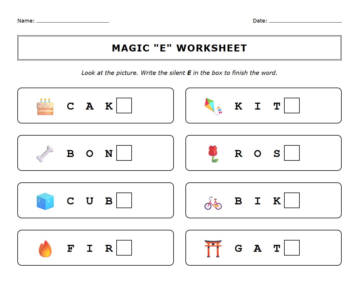 Fill in the missing silent E worksheet