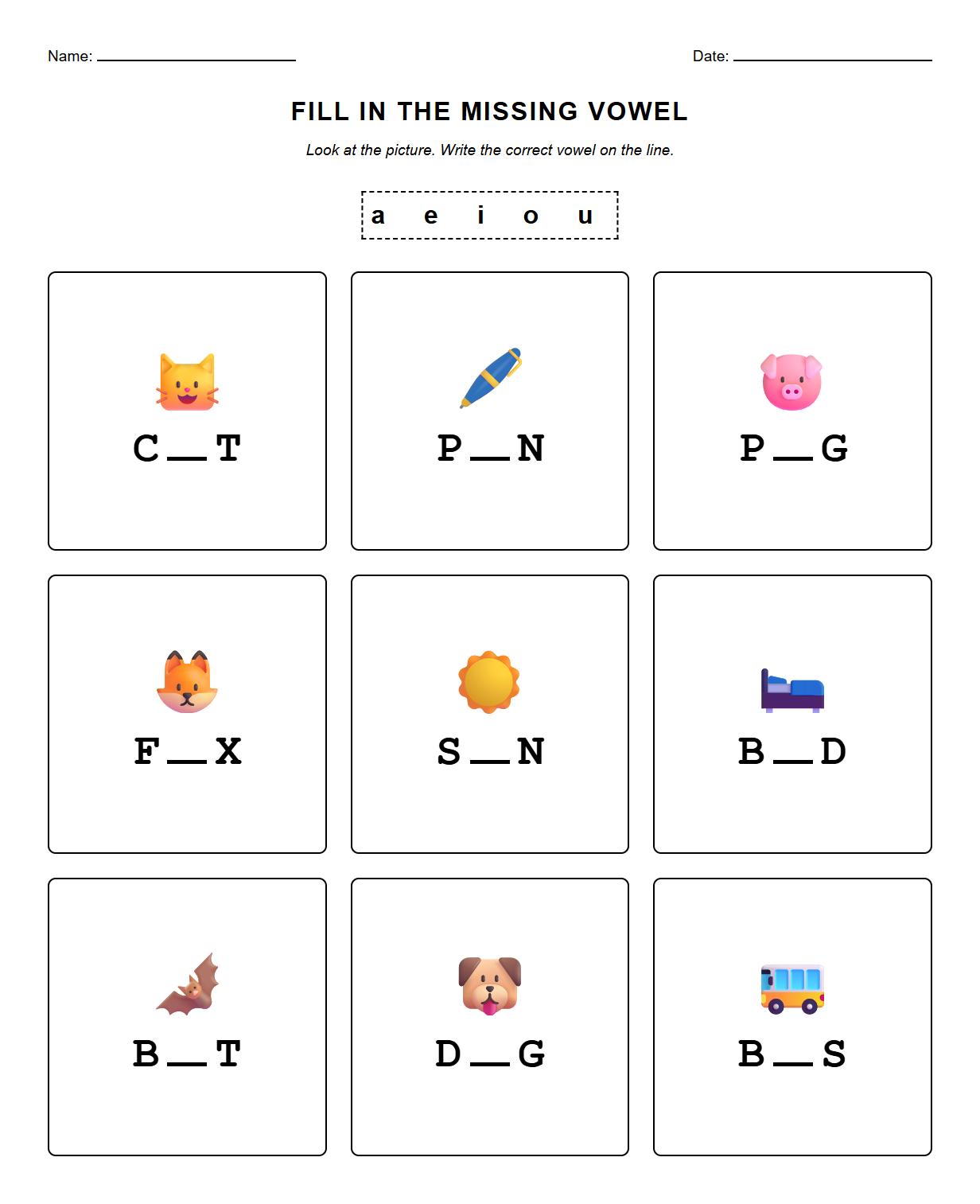 Fill in the Missing Vowel CVC Phonics Worksheet