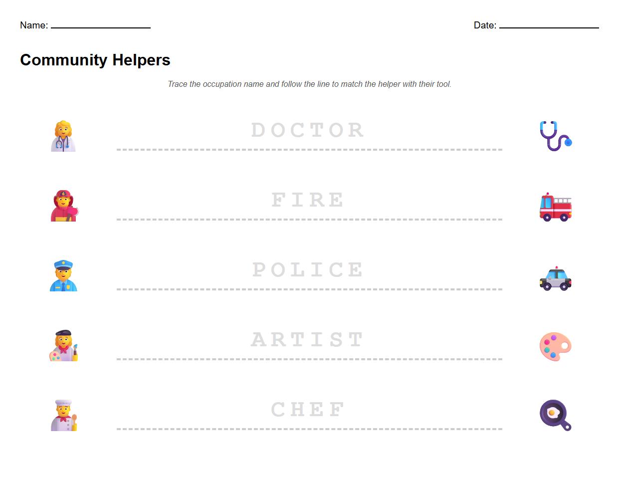 Fine Motor Skills Occupation Tracing and Matching