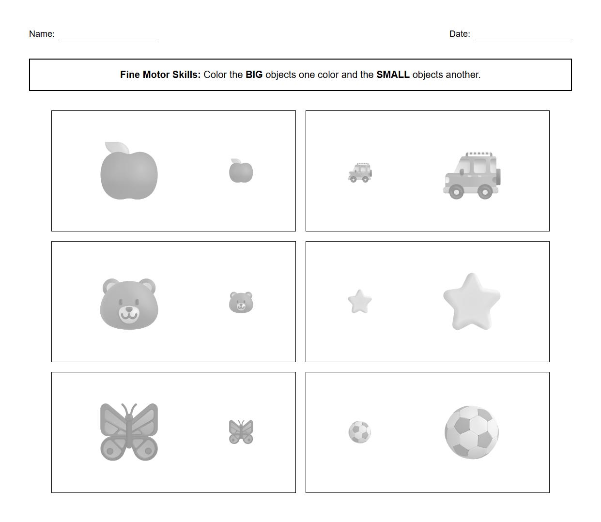 Fine Motor Skills Worksheet: Color only the big objects with one color and small with another