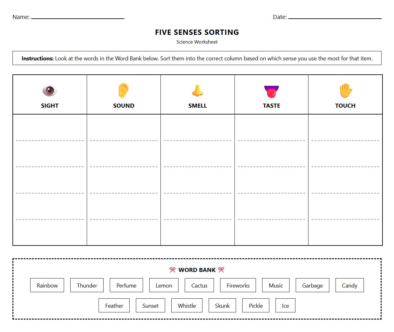 Five Senses Sorting with Sensory Words Worksheet