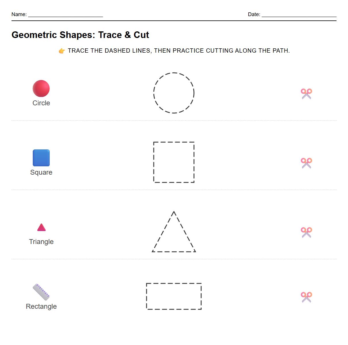 Geometric Shapes Tracing and Cutting Skills Sheet
