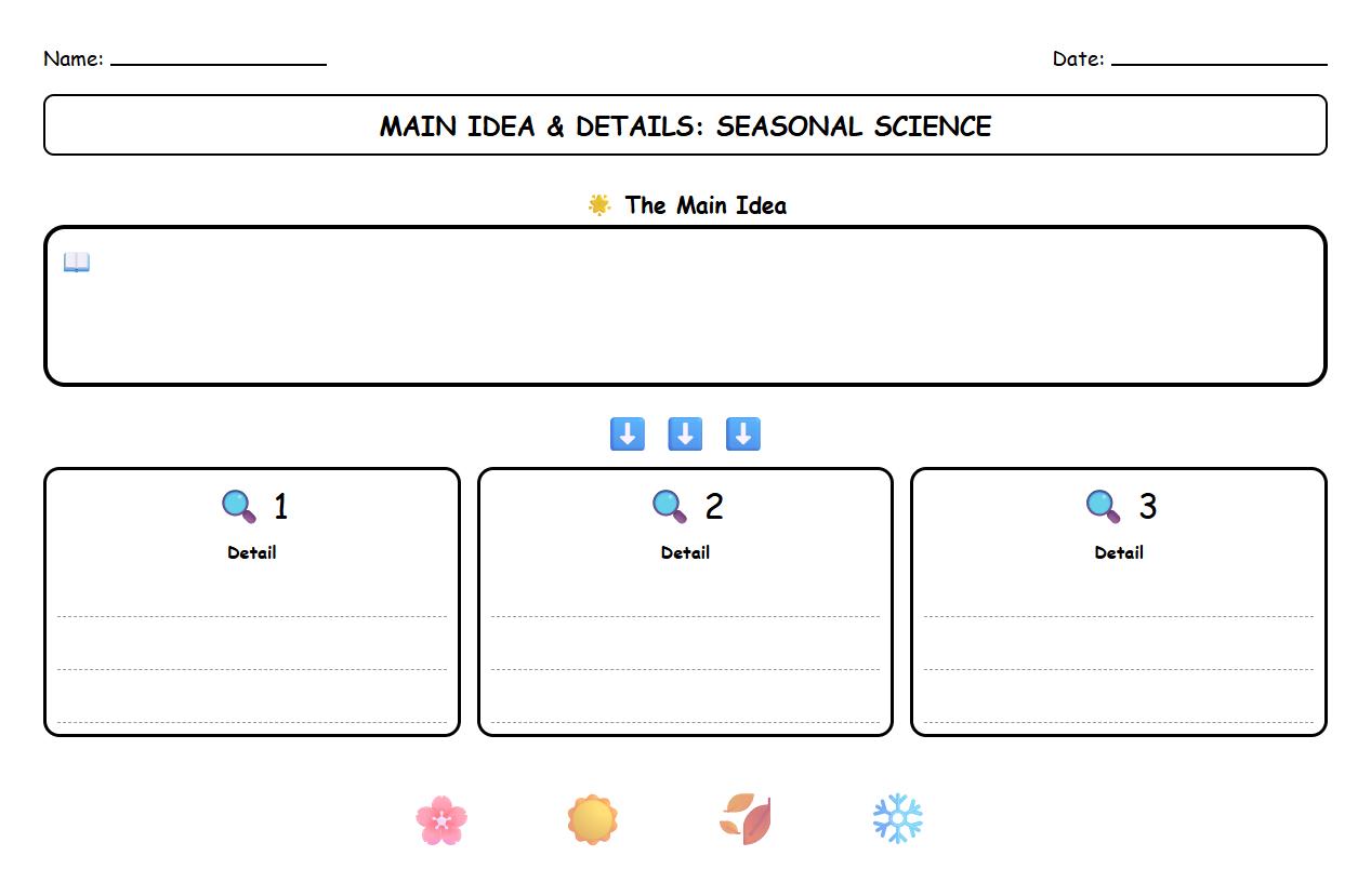Graphic Organizer Worksheet for Identifying Main Idea and Details in Seasonal Texts