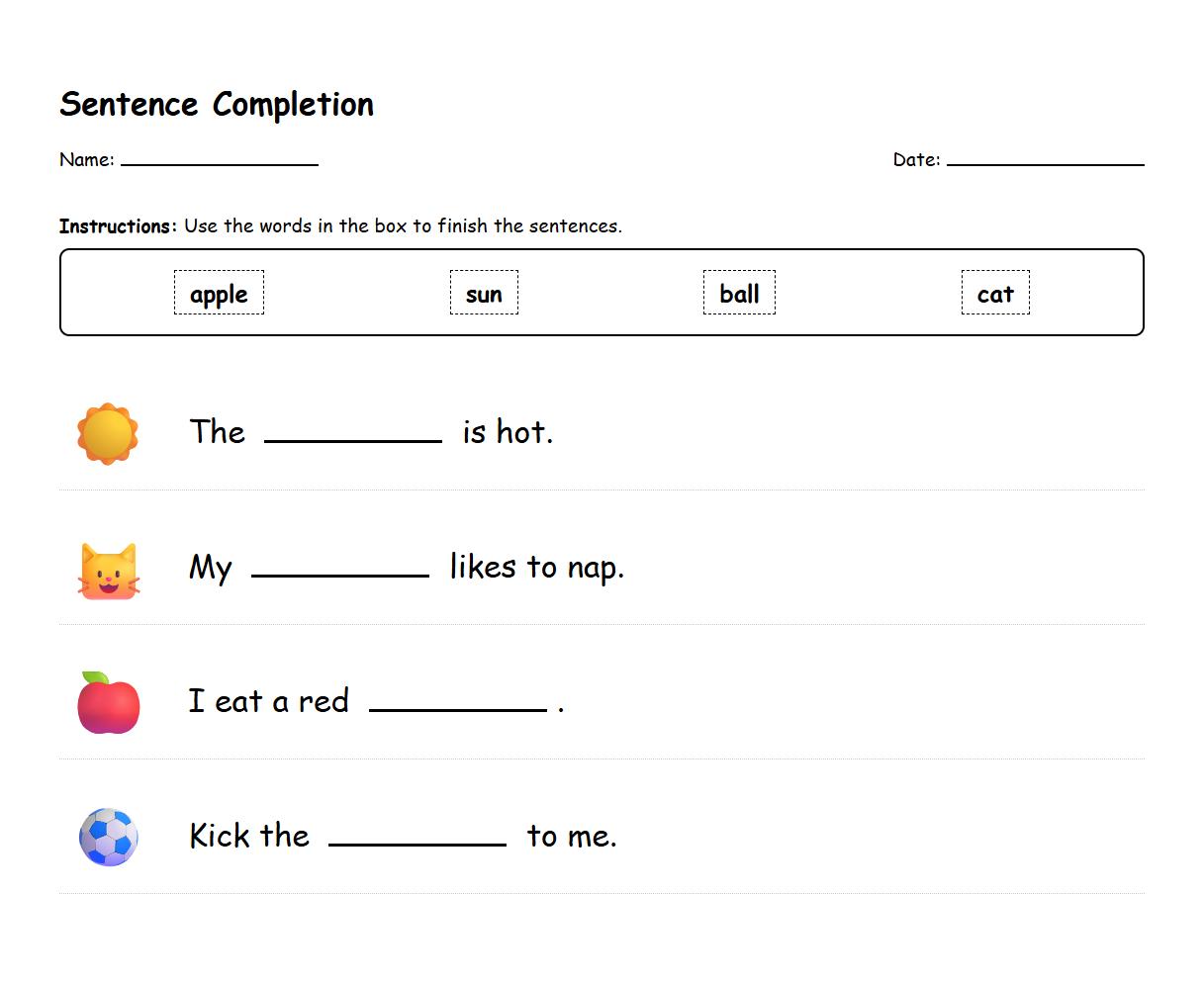 Guided Sentence Completion Worksheet
