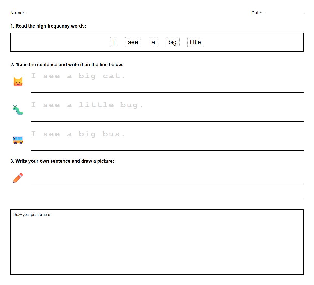 Guided Writing Worksheet integrating High Frequency Words