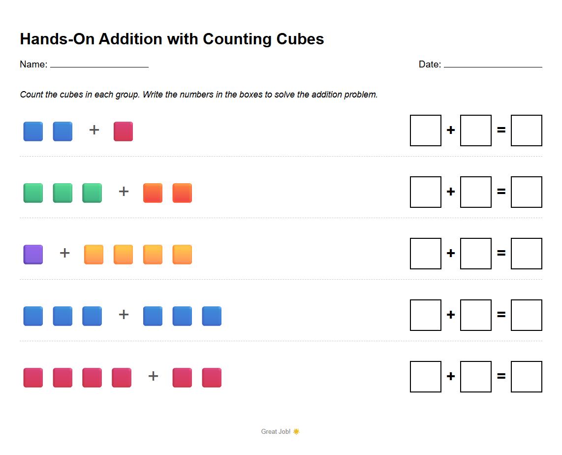 Hands-On Addition with Counting Cubes Sheet