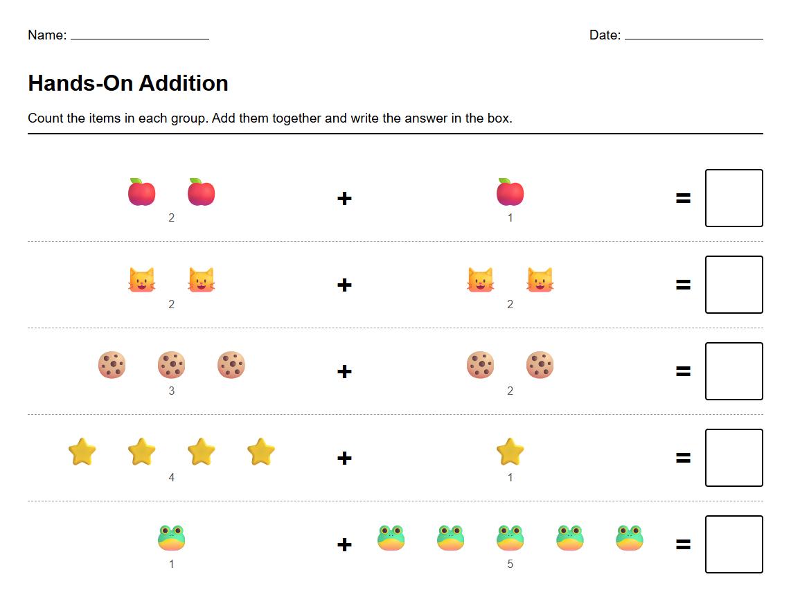 Hands On Counting with Manipulatives Addition Worksheet