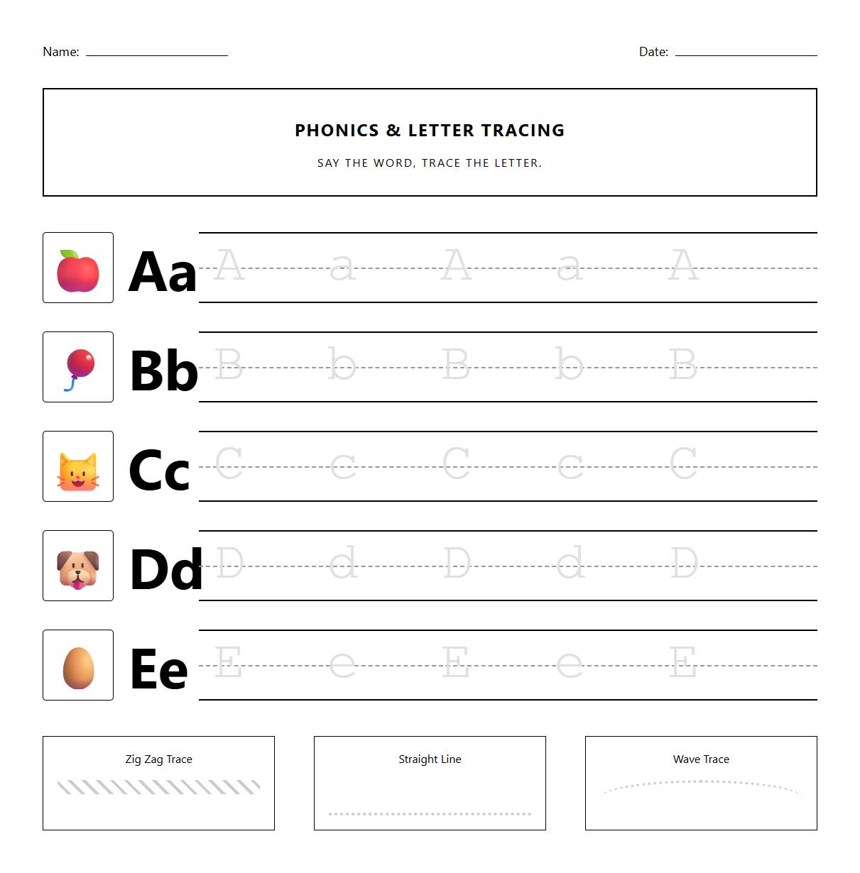 Handwriting Practice with Phonics-Based Letter Line Tracing Worksheet
