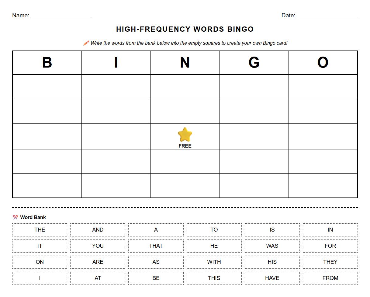 High-Frequency Words Bingo Activity Sheet