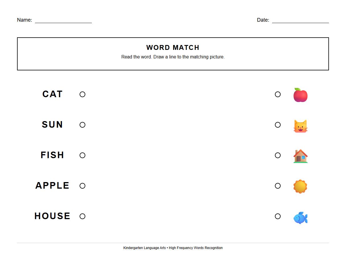 High Frequency Words Recognition and Matching Exercise