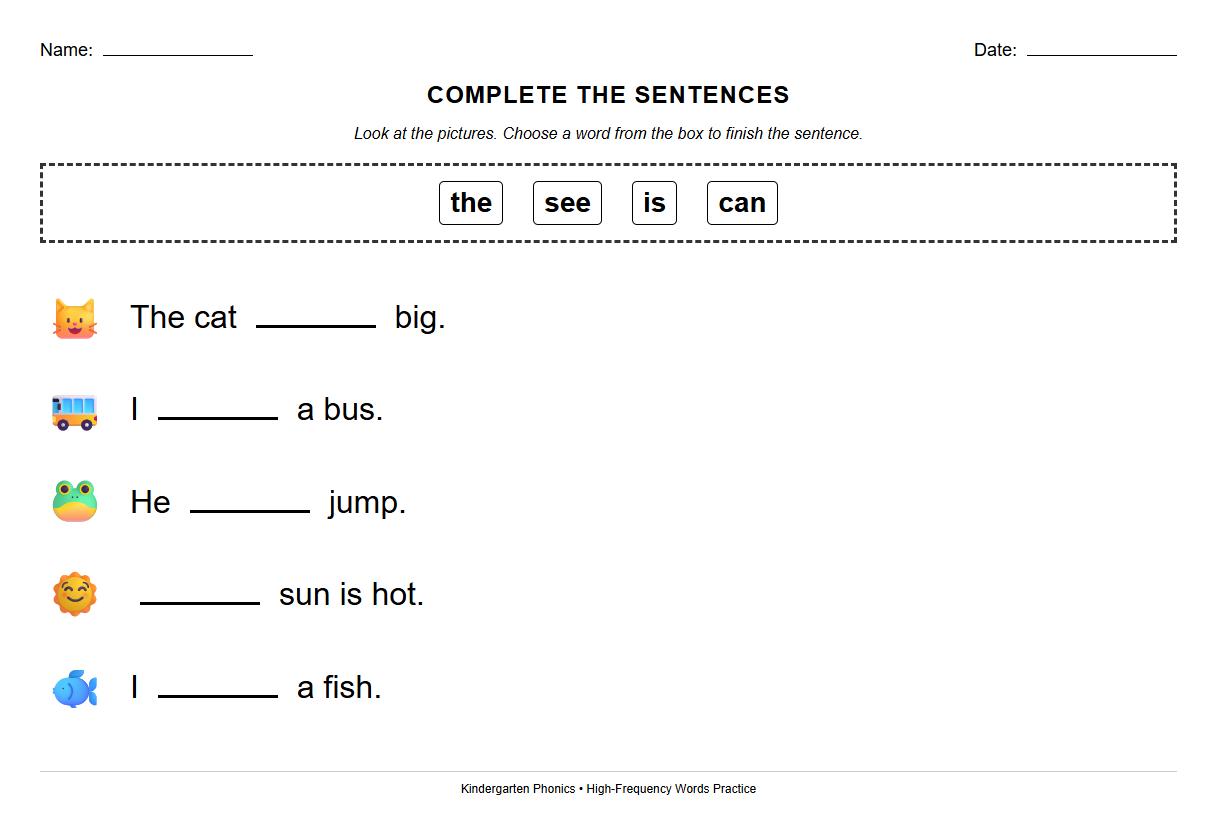 High-Frequency Words Sentence Completion Phonics Worksheet