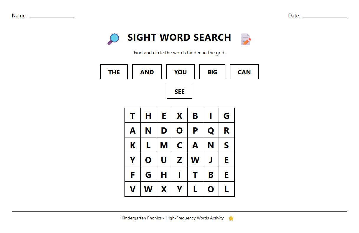 High-Frequency Words Word Search Phonics Worksheet