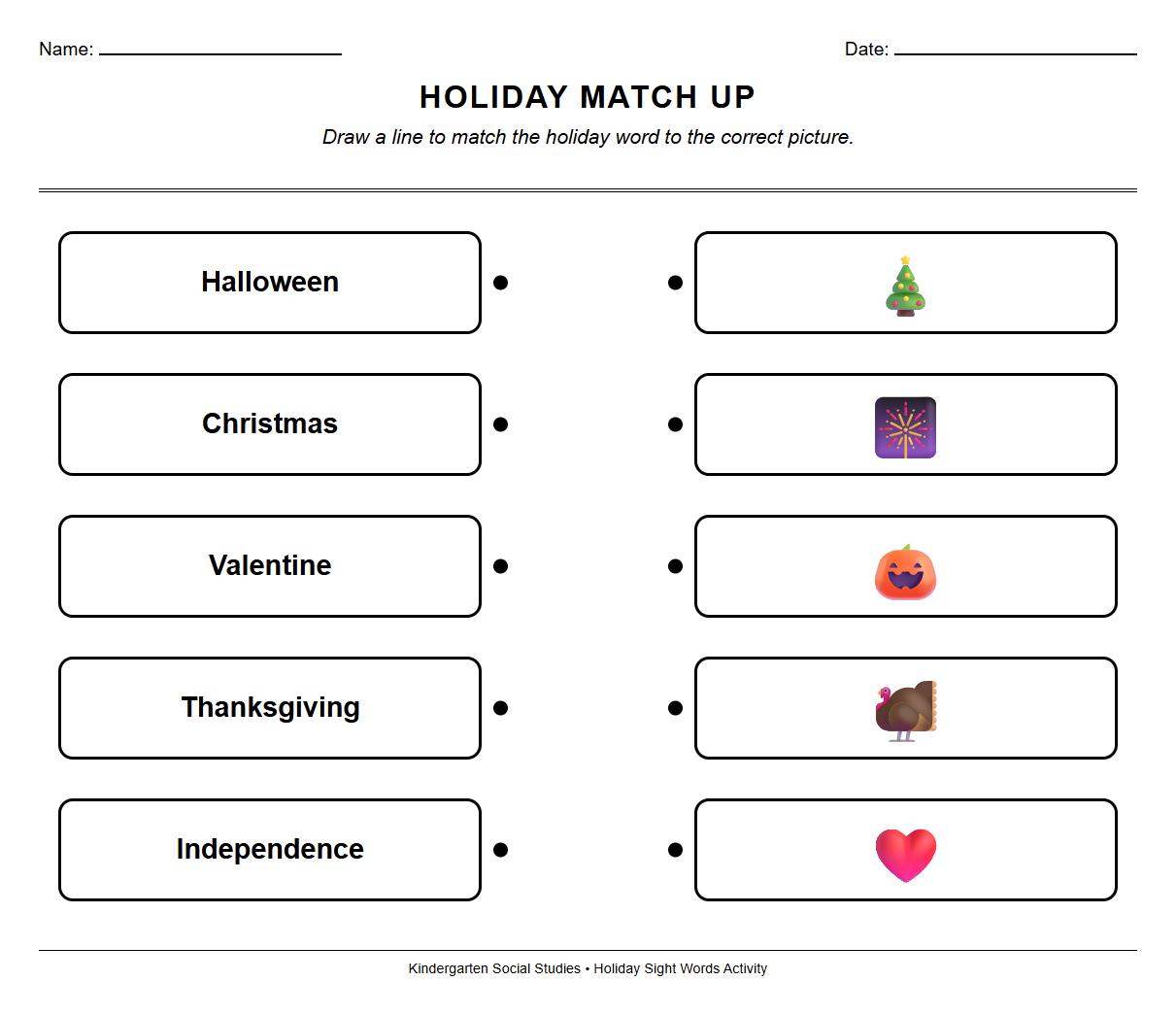 Holiday Sight Words and Picture Matching Worksheet
