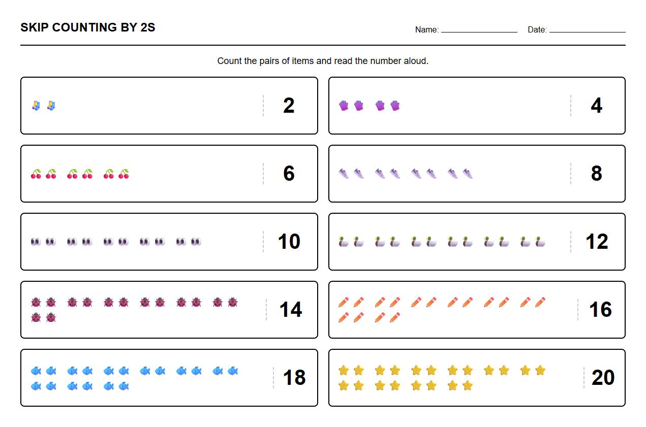 Illustrated Skip Counting by 2s Chart Worksheet