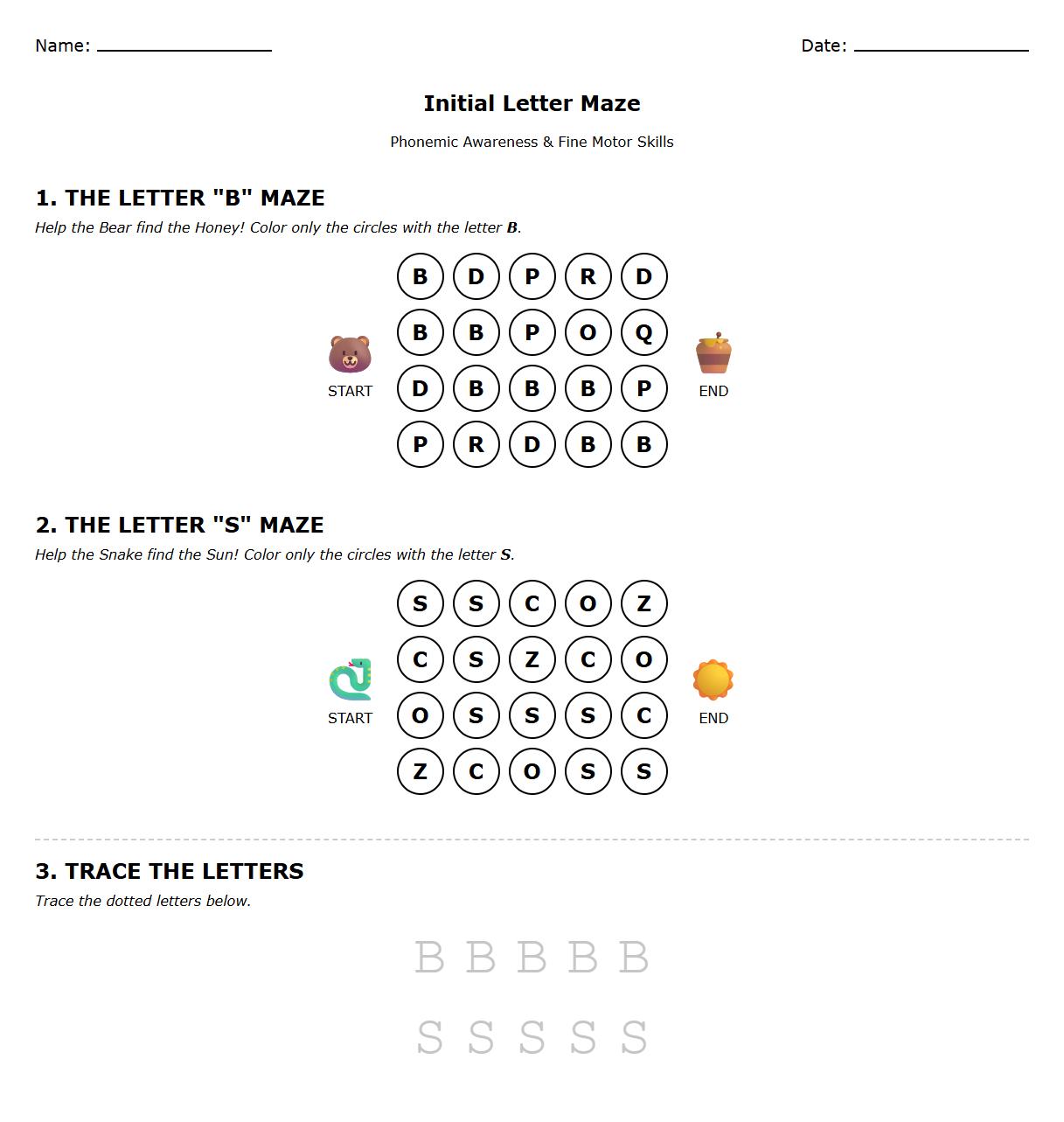 Initial Letter Tracing Maze for Phonemic Awareness