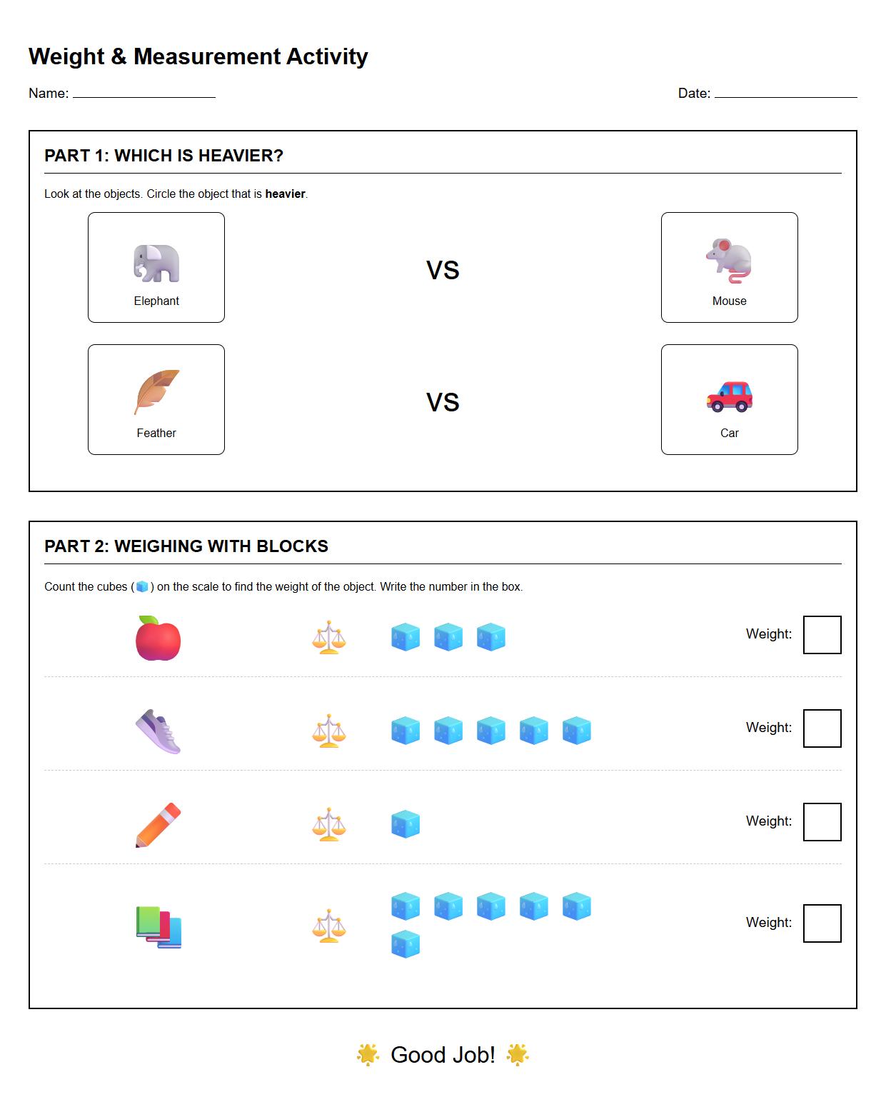 Interactive Measurement Worksheet Featuring Non Standard Units for Weight
