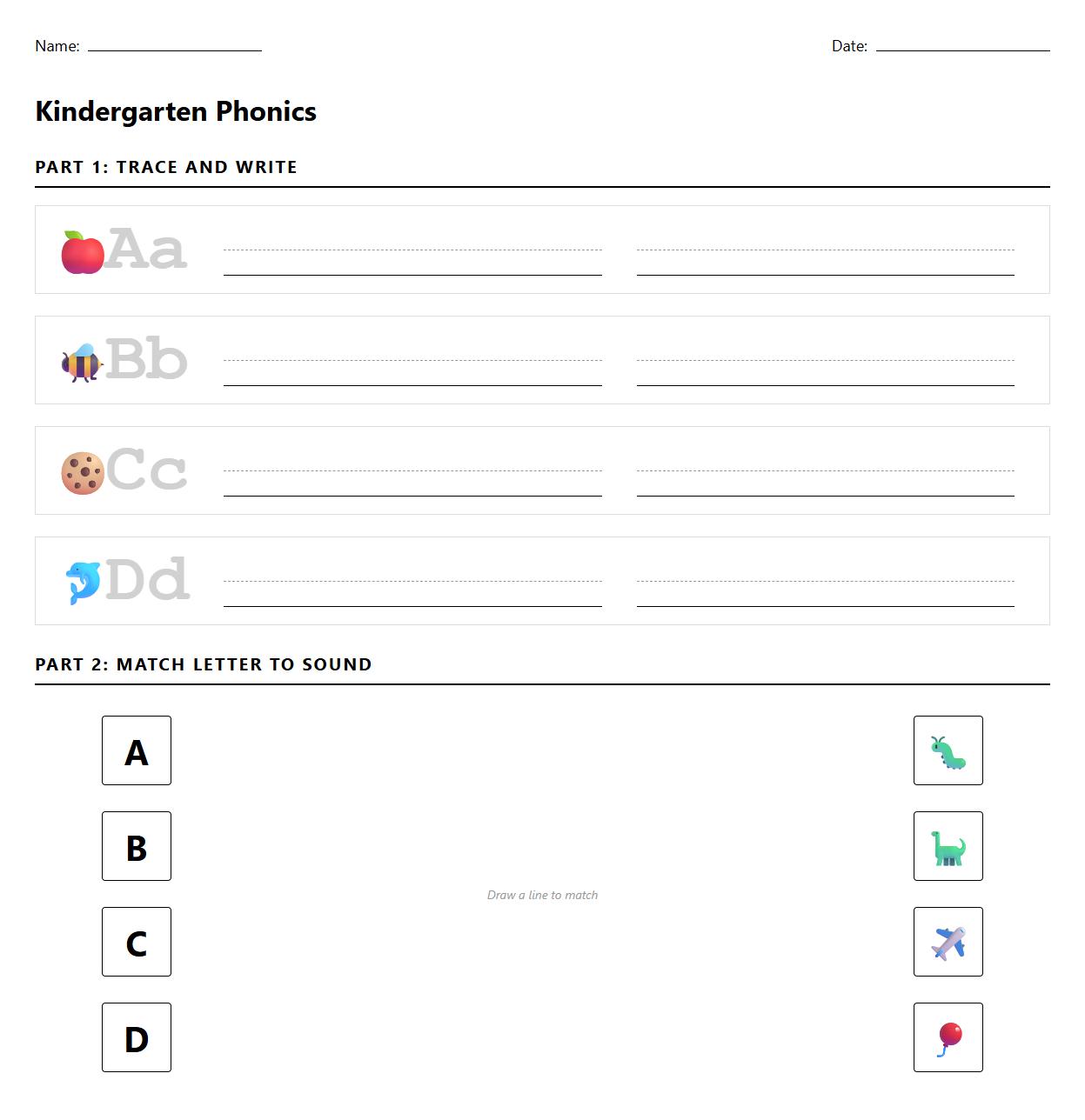 Interactive phonics alphabet tracing worksheet with letter sound matching
