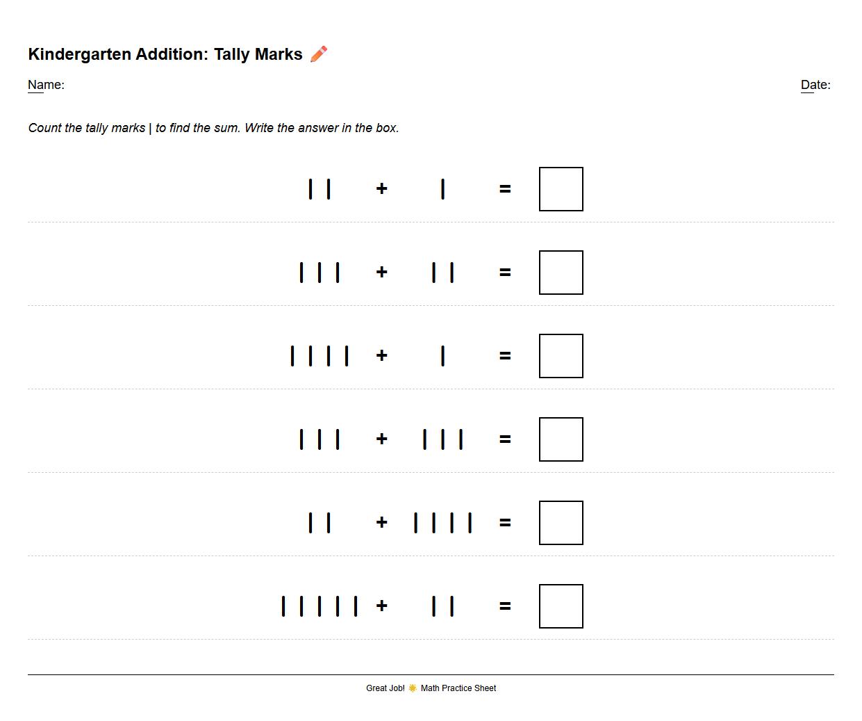 Kindergarten Addition with Tally Marks Activity Sheet